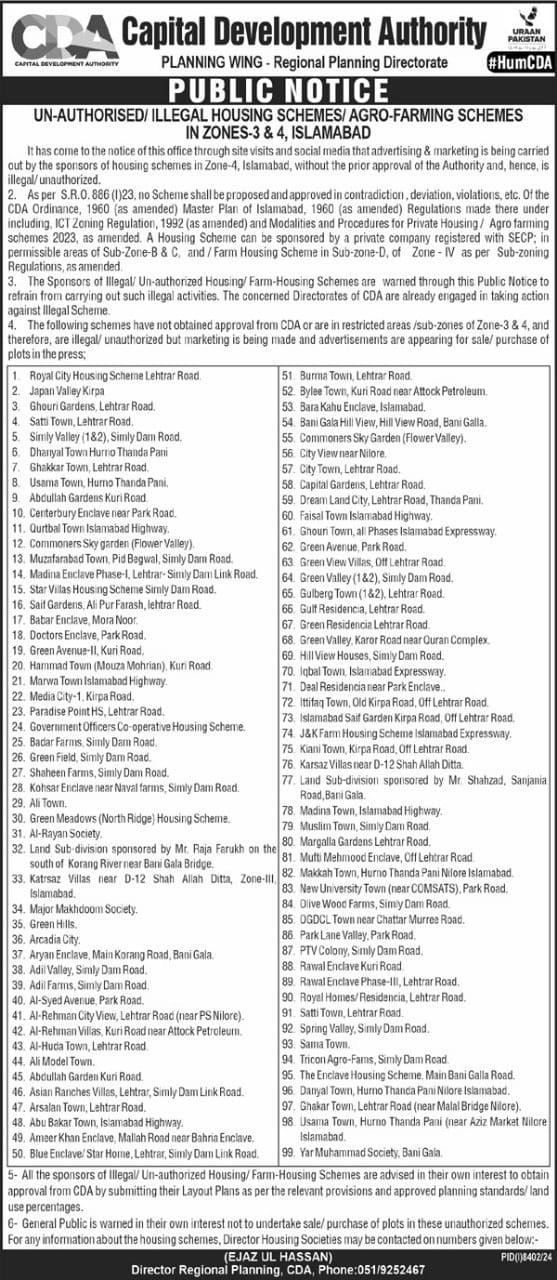 ہاؤسنگ سوسائٹیز کے نام