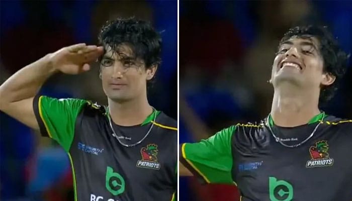 پاکستانی فاسٹ بولر نسیم شاہ کیریبئن لیگ میں وکٹ لینے کے بعد سلیوٹ کرتے ہوئے