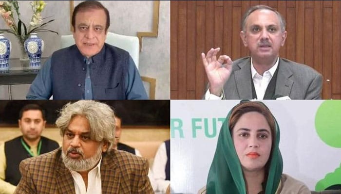 "الیکشن کمیشن آف پاکستان کی عمارت اور نااہل قرار دیے گئے پی ٹی آئی رہنما شبلی فراز اور عمر ایوب کی تصاویر"