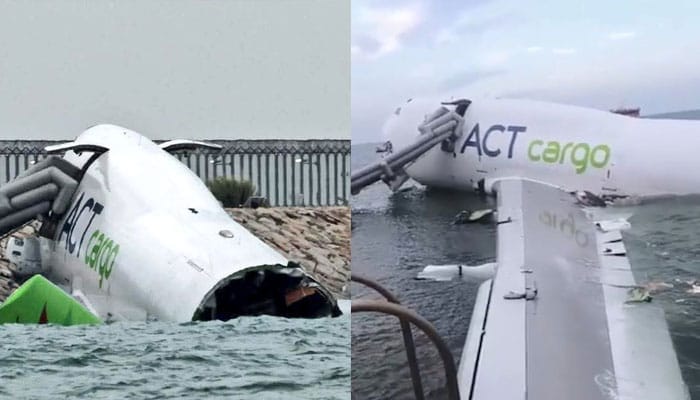 ہانگ کانگ ایئرپورٹ پر رن وے سے پھسلنے کے بعد سمندر میں گرا کارگو طیارہ